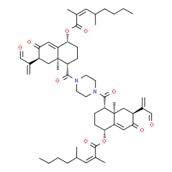 ChemSpider 2D Image | 1,4-Piperazinediylbis[carbonyl(1R,4S,4aR,6S)-4a-methyl-7-oxo-6-(3-oxo-1-propen-2-yl)-1,2,3,4,4a,5,6,7-octahydronaphthalene-4,1-diyl] (2Z,2'Z)bis(2,4-dimethyl-2-octenoate) | C54H74N2O10