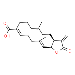 ChemSpider 2D Image | (3aS,6E,10E,14E,15aS)-2,3,3a,4,5,8,9,12,13,15a-Decahydro-6,14-dimethyl-3-methylene-2-oxocyclotetradeca[b]furan-10-carboxylic acid | C20H26O4
