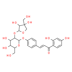 ChemSpider 2D Image | 4-[(1E)-3-(2,4-Dihydroxyphenyl)-3-oxo-1-propen-1-yl]phenyl 2-O-[3,4-dihydroxy-4-(hydroxymethyl)tetrahydro-2-furanyl]hexopyranoside | C26H30O13