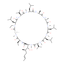 ChemSpider 2D Image | (3S,6S,9S,12R,15S,18S,21S,24S,30S,33S)-25,30-Diethyl-33-[(1R,2R,4E)-1-hydroxy-2-methyl-4-hexen-1-yl]-6,9,18,24-tetraisobutyl-3,21-diisopropyl-1,4,7,10,12,15,19,28-octamethyl-1,4,7,10,13,16,19,22,25,28
,31-undecaazacyclotritriacontane-2,5,8,11,14,17,20,23,26,29,32-undecone | C63H113N11O12