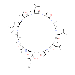 ChemSpider 2D Image | (3S,6S,9S,12R,15S,18S,21S,24S,30S,33S)-24-[(2S)-2-Butanyl]-25,30-diethyl-33-[(1R,2R,4E)-1-hydroxy-2-methyl-4-hexen-1-yl]-6,9,18-triisobutyl-3,21-diisopropyl-1,4,7,10,12,15,19,28-octamethyl-1,4,7,10,13
,16,19,22,25,28,31-undecaazacyclotritriacontane-2,5,8,11,14,17,20,23,26,29,32-undecone | C63H113N11O12