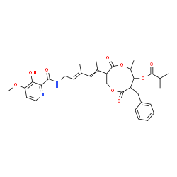 ChemSpider 2D Image | 8-Benzyl-3-[(4E)-6-{[(3-hydroxy-4-methoxy-2-pyridinyl)carbonyl]amino}-4-methyl-2,4-hexadien-2-yl]-6-methyl-4,9-dioxo-1,5-dioxonan-7-yl 2-methylpropanoate | C33H40N2O9
