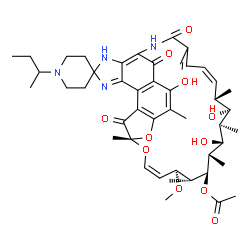 ChemSpider 2D Image | (7S,11S,12S,13S,14S,15R,16R,17S,18S)-1'-sec-Butyl-2,15,17-trihydroxy-11-methoxy-3,7,12,14,16,18,22-heptamethyl-6,23,32-trioxospiro[8,33-dioxa-24,27,29-triazapentacyclo[23.6.1.1~4,7~.0~5,31~.0~26,30~]t
ritriaconta-1(31),2,4,9,19,21,25,29-octaene-28,4'-piperidin]-13-yl acetate | C46H62N4O11