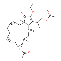 ChemSpider 2D Image | 3-(1-Acetoxy-2-propanyl)-6,10,14,16a-tetramethyl-1-oxo-1,3a,4,5,6,7,8,9,12,13,16,16a-dodecahydrocyclopenta[15]annulene-2,7-diyl diacetate | C31H46O7