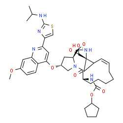 ChemSpider 2D Image | (2R,6S,12Z,14aS,16aS)-6-{[(Cyclopentyloxy)carbonyl]amino}-2-({2-[2-(isopropylamino)-1,3-thiazol-4-yl]-7-methoxy-4-quinolinyl}oxy)-5,16-dioxo-1,2,3,6,7,8,9,10,11,13a,14,15,16,16a-tetradecahydrocyclopro
pa[e]pyrrolo[1,2-a][1,4]diazacyclopentadecine-14a(5H)-carboxylic acid | C40H50N6O8S