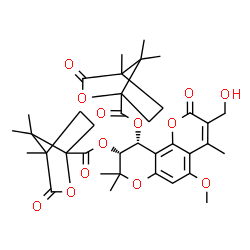 ChemSpider 2D Image | (9R,10R)-3-(Hydroxymethyl)-5-methoxy-4,8,8-trimethyl-2-oxo-9,10-dihydro-2H,8H-pyrano[2,3-f]chromene-9,10-diyl bis(4,7,7-trimethyl-3-oxo-2-oxabicyclo[2.2.1]heptane-1-carboxylate) | C37H44O13