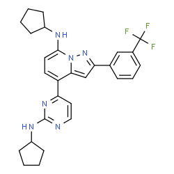 ChemSpider 2D Image | N-Cyclopentyl-4-[2-(cyclopentylamino)-4-pyrimidinyl]-2-[3-(trifluoromethyl)phenyl]pyrazolo[1,5-a]pyridin-7-amine | C28H29F3N6