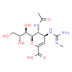 ChemSpider 2D Image | (6R)-5-Acetamido-2,6-anhydro-3,4,5-trideoxy-4-(N''-methylcarbamimidamido)-6-[(1R,2R)-1,2,3-trihydroxypropyl]-L-threo-hex-2-enonic acid | C13H22N4O7
