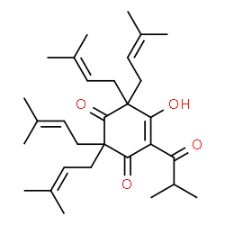 ChemSpider 2D Image | 5-Hydroxy-4-isobutyryl-2,2,6,6-tetrakis(3-methyl-2-buten-1-yl)-4-cyclohexene-1,3-dione | C30H44O4