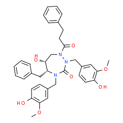 ChemSpider 2D Image | (5R,6R)-5-Benzyl-6-hydroxy-2,4-bis(4-hydroxy-3-methoxybenzyl)-1-(3-phenylpropanoyl)-1,2,4-triazepan-3-one | C36H39N3O7