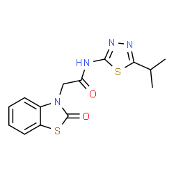 ChemSpider 2D Image | N-(5-Isopropyl-1,3,4-thiadiazol-2-yl)-2-(2-oxo-1,3-benzothiazol-3(2H)-yl)acetamide | C14H14N4O2S2