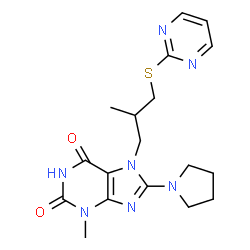 ChemSpider 2D Image | 3-Methyl-7-[2-methyl-3-(2-pyrimidinylsulfanyl)propyl]-8-(1-pyrrolidinyl)-3,7-dihydro-1H-purine-2,6-dione | C18H23N7O2S