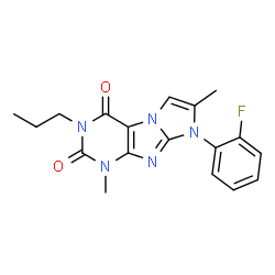 ChemSpider 2D Image | 8-(2-Fluoro-phenyl)-1,7-dimethyl-3-propyl-1H,8H-imidazo[2,1-f]purine-2,4-dione | C18H18FN5O2