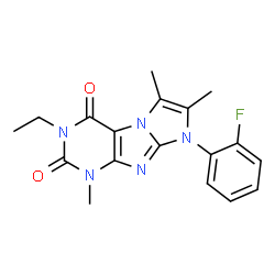 ChemSpider 2D Image | 3-Ethyl-8-(2-fluorophenyl)-1,6,7-trimethyl-1H-imidazo[2,1-f]purine-2,4(3H,8H)-dione | C18H18FN5O2