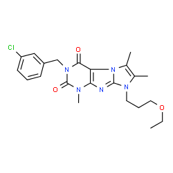 ChemSpider 2D Image | 3-(3-Chlorobenzyl)-8-(3-ethoxypropyl)-1,6,7-trimethyl-1H-imidazo[2,1-f]purine-2,4(3H,8H)-dione | C22H26ClN5O3