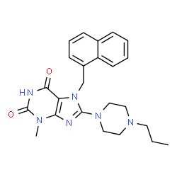 ChemSpider 2D Image | 3-Methyl-7-(1-naphthylmethyl)-8-(4-propyl-1-piperazinyl)-3,7-dihydro-1H-purine-2,6-dione | C24H28N6O2