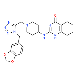 ChemSpider 2D Image | 2-[(1-{[1-(1,3-Benzodioxol-5-ylmethyl)-1H-tetrazol-5-yl]methyl}-4-piperidinyl)amino]-5,6,7,8-tetrahydro-4(1H)-quinazolinone | C23H28N8O3