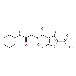 ChemSpider 2D Image | 3-[2-(Cyclohexylamino)-2-oxoethyl]-5-methyl-4-oxo-3,4-dihydrothieno[2,3-d]pyrimidine-6-carboxamide | C16H20N4O3S