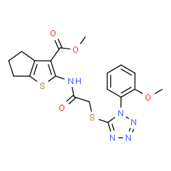 ChemSpider 2D Image | Methyl 2-[({[1-(2-methoxyphenyl)-1H-tetrazol-5-yl]sulfanyl}acetyl)amino]-5,6-dihydro-4H-cyclopenta[b]thiophene-3-carboxylate | C19H19N5O4S2