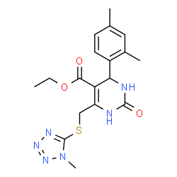 ChemSpider 2D Image | Ethyl 4-(2,4-dimethylphenyl)-6-{[(1-methyl-1H-tetrazol-5-yl)sulfanyl]methyl}-2-oxo-1,2,3,4-tetrahydro-5-pyrimidinecarboxylate | C18H22N6O3S