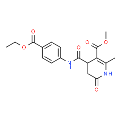 ChemSpider 2D Image | Methyl 4-{[4-(ethoxycarbonyl)phenyl]carbamoyl}-2-methyl-6-oxo-1,4,5,6-tetrahydro-3-pyridinecarboxylate | C18H20N2O6