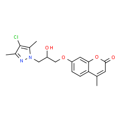 ChemSpider 2D Image | 7-[3-(4-Chloro-3,5-dimethyl-1H-pyrazol-1-yl)-2-hydroxypropoxy]-4-methyl-2H-chromen-2-one | C18H19ClN2O4