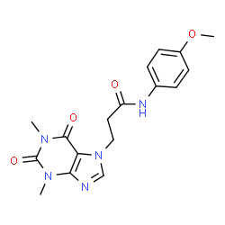 ChemSpider 2D Image | 3-(1,3-Dimethyl-2,6-dioxo-1,2,3,6-tetrahydro-7H-purin-7-yl)-N-(4-methoxyphenyl)propanamide | C17H19N5O4