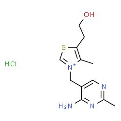 ChemSpider 2D Image | Thiazolium, 3-[(4-amino-2-methyl-5-pyrimidinyl)methyl]-5-(2-hydroxyethyl)-4-methyl-, hydrochloride (1:1) | C12H18ClN4OS