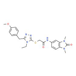 ChemSpider 2D Image | N-(1,3-Dimethyl-2-oxo-2,3-dihydro-1H-benzimidazol-5-yl)-2-{[4-ethyl-5-(4-methoxybenzyl)-4H-1,2,4-triazol-3-yl]sulfanyl}acetamide | C23H26N6O3S