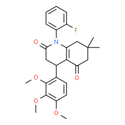 ChemSpider 2D Image | 1-(2-Fluorophenyl)-7,7-dimethyl-4-(2,3,4-trimethoxyphenyl)-4,6,7,8-tetrahydro-2,5(1H,3H)-quinolinedione | C26H28FNO5