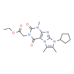 ChemSpider 2D Image | Ethyl (8-cyclopentyl-1,6,7-trimethyl-2,4-dioxo-1,2,4,8-tetrahydro-3H-imidazo[2,1-f]purin-3-yl)acetate | C19H25N5O4