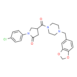 ChemSpider 2D Image | 4-{[4-(1,3-Benzodioxol-5-ylmethyl)-1-piperazinyl]carbonyl}-1-(4-chlorophenyl)-2-pyrrolidinone | C23H24ClN3O4