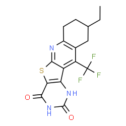 ChemSpider 2D Image | 9-Ethyl-11-(trifluoromethyl)-7,8,9,10-tetrahydropyrimido[4',5':4,5]thieno[2,3-b]quinoline-2,4(1H,3H)-dione | C16H14F3N3O2S