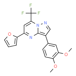 ChemSpider 2D Image | 3-(3,4-Dimethoxyphenyl)-5-(2-furyl)-7-(trifluoromethyl)pyrazolo[1,5-a]pyrimidine | C19H14F3N3O3