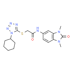 ChemSpider 2D Image | 2-[(1-Cyclohexyl-1H-tetrazol-5-yl)sulfanyl]-N-(1,3-dimethyl-2-oxo-2,3-dihydro-1H-benzimidazol-5-yl)acetamide | C18H23N7O2S