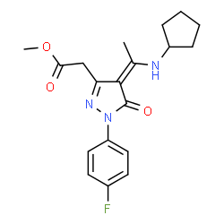 ChemSpider 2D Image | Methyl [(4Z)-4-[1-(cyclopentylamino)ethylidene]-1-(4-fluorophenyl)-5-oxo-4,5-dihydro-1H-pyrazol-3-yl]acetate | C19H22FN3O3