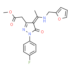 ChemSpider 2D Image | Methyl [(4Z)-1-(4-fluorophenyl)-4-{1-[(2-furylmethyl)amino]ethylidene}-5-oxo-4,5-dihydro-1H-pyrazol-3-yl]acetate | C19H18FN3O4