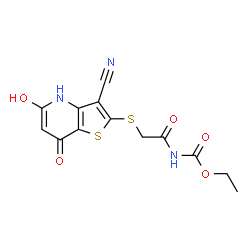 ChemSpider 2D Image | Ethyl {[(3-cyano-5-hydroxy-7-oxo-4,7-dihydrothieno[3,2-b]pyridin-2-yl)sulfanyl]acetyl}carbamate | C13H11N3O5S2