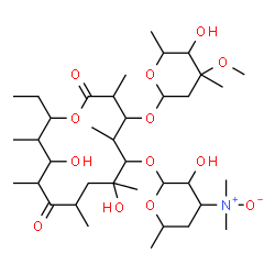 ChemSpider 2D Image | 6-{[4-(Dimethylnitroryl)-3-hydroxy-6-methyltetrahydro-2H-pyran-2-yl]oxy}-14-ethyl-7,12-dihydroxy-4-[(5-hydroxy-4-methoxy-4,6-dimethyltetrahydro-2H-pyran-2-yl)oxy]-3,5,7,9,11,13-hexamethyloxacyclotetra
decane-2,10-dione | C37H67NO13