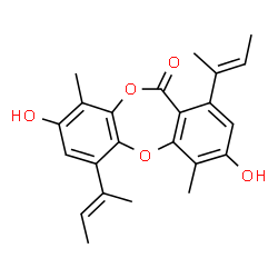 ChemSpider 2D Image | 1,6-Di[(2E)-2-buten-2-yl]-3,8-dihydroxy-4,9-dimethyl-11H-dibenzo[b,e][1,4]dioxepin-11-one | C23H24O5