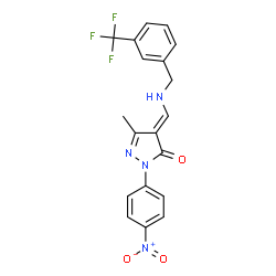 ChemSpider 2D Image | (4E)-5-Methyl-2-(4-nitrophenyl)-4-({[3-(trifluoromethyl)benzyl]amino}methylene)-2,4-dihydro-3H-pyrazol-3-one | C19H15F3N4O3