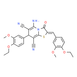 ChemSpider 2D Image | (2Z)-5-Amino-2-(4-ethoxy-3-methoxybenzylidene)-7-(4-ethoxy-3-methoxyphenyl)-3-oxo-2,3-dihydro-7H-[1,3]thiazolo[3,2-a]pyridine-6,8-dicarbonitrile | C28H26N4O5S