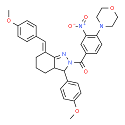 ChemSpider 2D Image | [(7E)-7-(4-Methoxybenzylidene)-3-(4-methoxyphenyl)-3,3a,4,5,6,7-hexahydro-2H-indazol-2-yl][4-(4-morpholinyl)-3-nitrophenyl]methanone | C33H34N4O6
