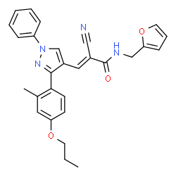 ChemSpider 2D Image | (2E)-2-Cyano-N-(2-furylmethyl)-3-[3-(2-methyl-4-propoxyphenyl)-1-phenyl-1H-pyrazol-4-yl]acrylamide | C28H26N4O3