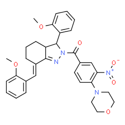 ChemSpider 2D Image | [(7E)-7-(2-Methoxybenzylidene)-3-(2-methoxyphenyl)-3,3a,4,5,6,7-hexahydro-2H-indazol-2-yl][4-(4-morpholinyl)-3-nitrophenyl]methanone | C33H34N4O6