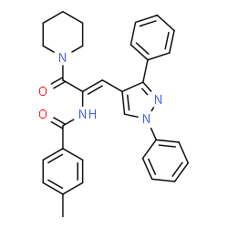 ChemSpider 2D Image | N-[(1Z)-1-(1,3-Diphenyl-1H-pyrazol-4-yl)-3-oxo-3-(1-piperidinyl)-1-propen-2-yl]-4-methylbenzamide | C31H30N4O2