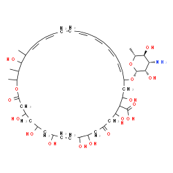 ChemSpider 2D Image | 20-[(3-Amino-3,6-dideoxy-beta-D-mannopyranosyl)oxy]-4,6,8,11,12,16,18,36-octahydroxy-35,37,38-trimethyl-2,14-dioxooxacyclooctatriaconta-21,23,25,27,31,33-hexaene-17-carboxylic acid | C47H75NO17