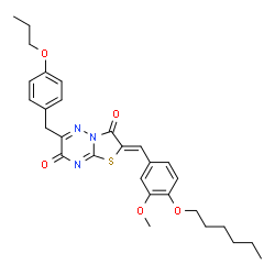 ChemSpider 2D Image | (2Z)-2-[4-(Hexyloxy)-3-methoxybenzylidene]-6-(4-propoxybenzyl)-7H-[1,3]thiazolo[3,2-b][1,2,4]triazine-3,7(2H)-dione | C29H33N3O5S