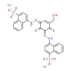 ChemSpider 2D Image | Disodium 4-[(2E)-2-{(5Z)-3-(hydroxymethyl)-2,6-dioxo-5-[(4-sulfonato-1-naphthyl)hydrazono]-3-cyclohexen-1-ylidene}hydrazino]-1-naphthalenesulfonate | C27H18N4Na2O9S2