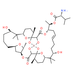 ChemSpider 2D Image | [(1R)-1-[(1R,5S,6R,8R,12R,14S,17R,18R,22S,24E,28S,30S,33R)-12,28-Dihydroxy-1,2,18,19-tetra(hydroxy-kappaO)-6,13,13,17,29,29,33-heptamethyl-3,20-dioxo-4,7,21,34,35-pentaoxatetracyclo[28.3.1.1~5,8~.1~14
,18~]hexatriacont-24-en-22-yl]ethyl D-valinatato(4-)]borate(1-) | C45H73BNO15